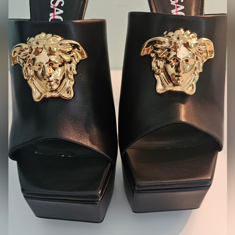 Versace La Medusa Gold 140MM Leather Platform Mules/Sandal Black Size 38/5 - Picture 6 of 16